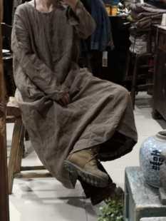 沉香布衣草堂套头袍长衣亚麻自制长袖连衣裙后领系扣C18a12007