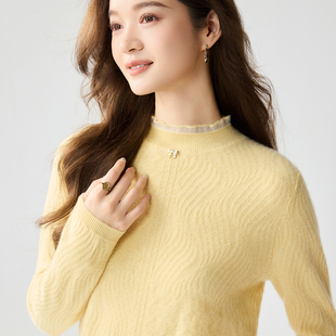 温柔风蕾丝边半高领羊绒衫女长袖套头气质针织衫女款纯色优雅修身