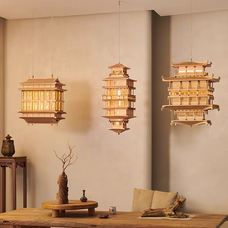手工木雕工艺覆古建筑房子宫殿楼阁造型软装禅意橱窗茶室吊灯吊饰