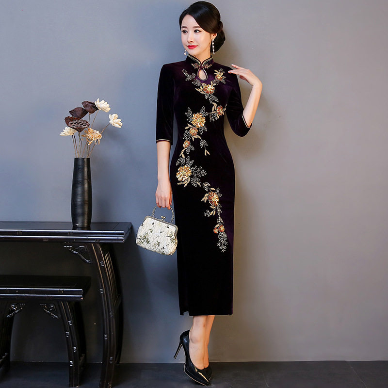 丝绒旗袍婚庆礼服宴会中年女装长款大码婆婆妈妈装复古连衣裙