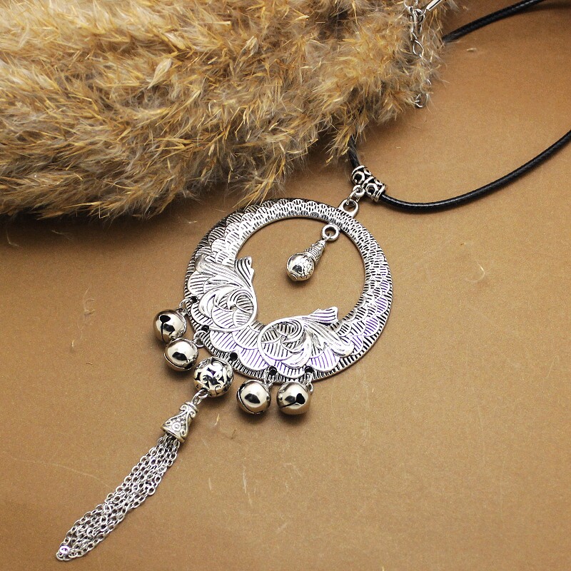民族风配饰古风汉服铃铛项圈女款会响藏银苗银复古镂空吊坠长命锁