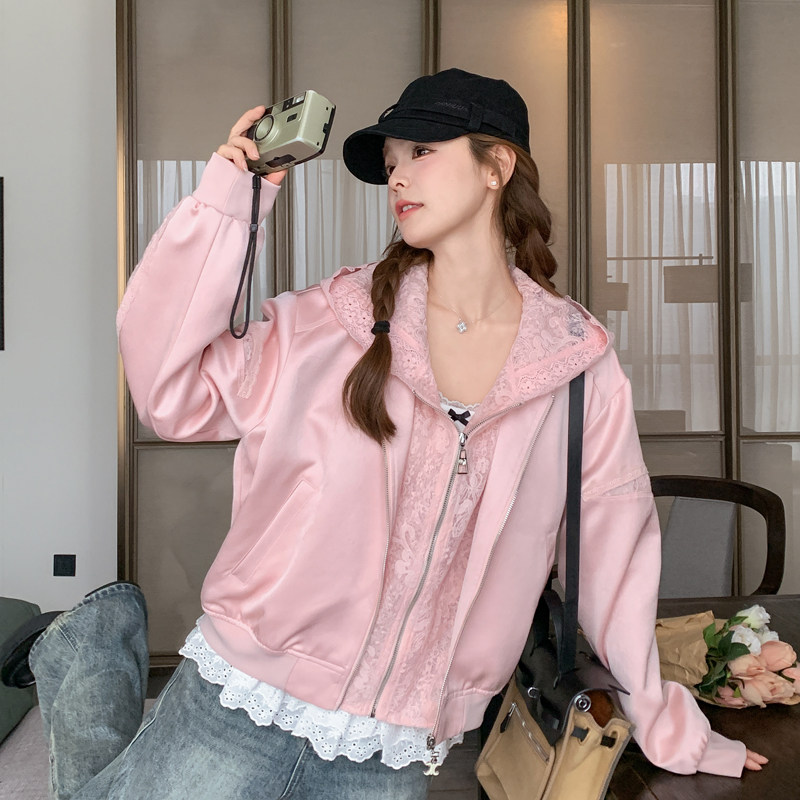 韩系蕾丝拼接连帽外套女26春秋新款宽松休闲百搭182-8601P160K248,女装短外套,帛香坊