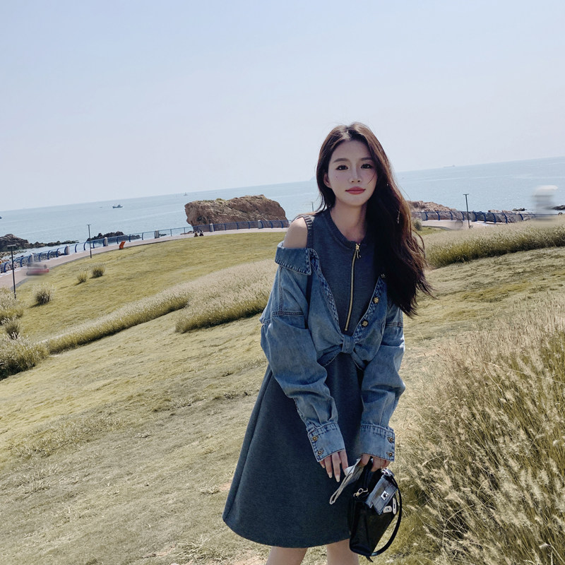 设计感假两件拼接牛仔连衣裙女2025秋季新款182-8520-P145-K198,女装连衣裙,帛香坊