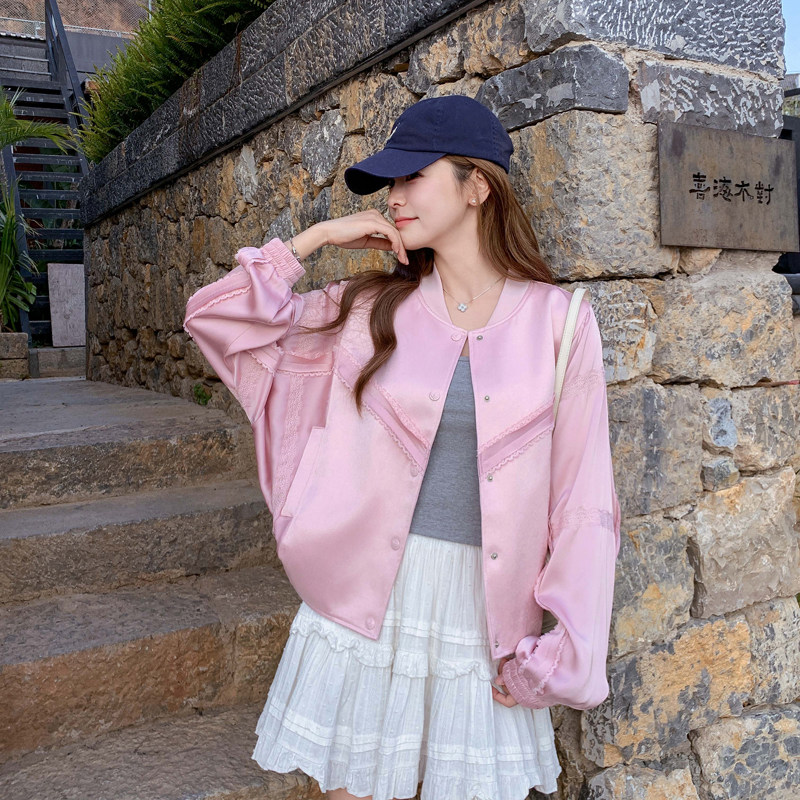 2026春季新款设计感时尚圆领单排扣拼接蕾丝宽松显瘦休闲短外套女,女装短外套,帛香坊