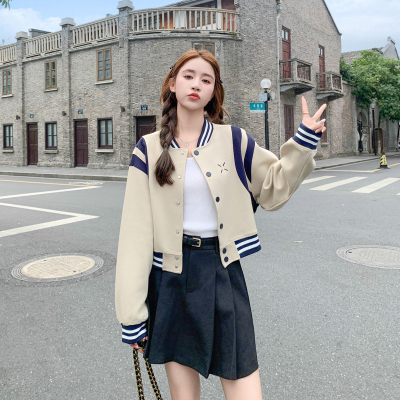 韩系chic短款棒球服外套女春秋2025新款独特超好看美式学院风夹克,女装短外套,帛香坊