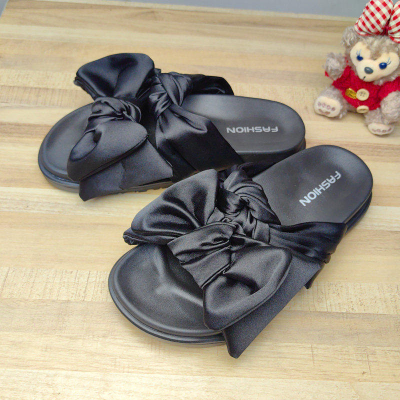 韩版蝴蝶结一字拖女外穿百搭平底防滑凉拖鞋黑色平跟韩版居家外穿