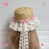 lolita粉色蝴蝶结蕾丝草帽女夏季 WIOK 手工洛丽塔甜美遮阳帽子