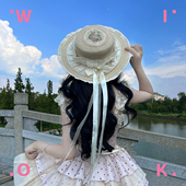 wiok 手作lolita森系田园lo娘蝴蝶结珍珠飘带草编日系遮阳草帽