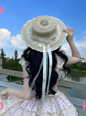 【wiok】手作lolita森系田园lo娘蝴蝶结珍珠飘带草编日系遮阳草帽