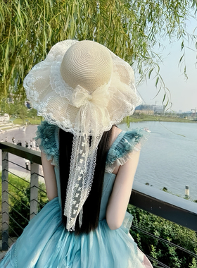 【WIOK】洛丽塔蕾丝草编帽子女夏季户外出游海边沙滩遮阳太阳草帽