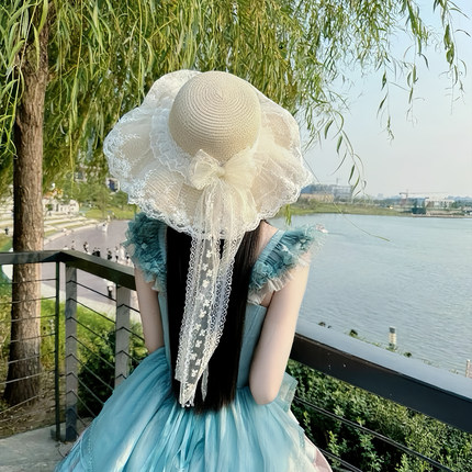 WIOK洛丽塔蕾丝草帽海边度假大檐遮阳女夏显脸小拍照氛围感沙滩帽