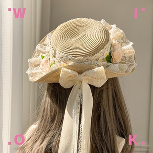 WIOK原创设计山茶花蕾丝洛丽塔草帽蝴蝶结Lolita清新甜美少女草帽