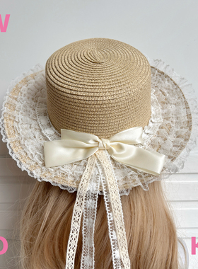 【WIOK】lo系原创手工草编帽子女夏季蝴蝶结飘带洛丽塔遮阳草帽