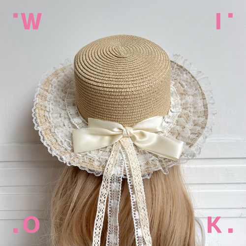 【WIOK】lo系原创手工草编帽子女夏季蝴蝶结飘带洛丽塔遮阳草帽