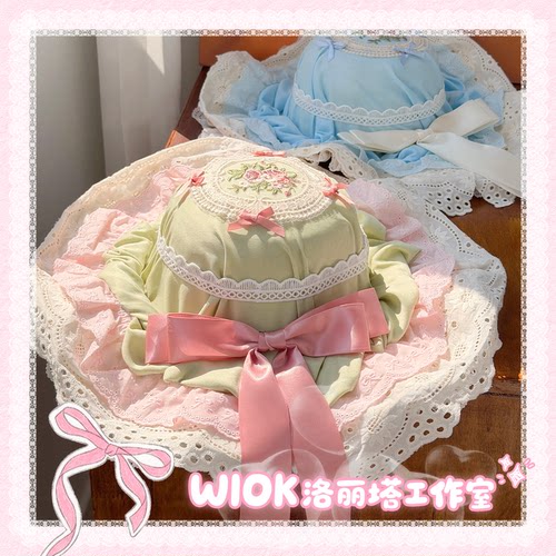 【wiok洛丽塔工作室】布艺刺绣蕾丝蝴蝶结Lolita草帽度假遮阳帽