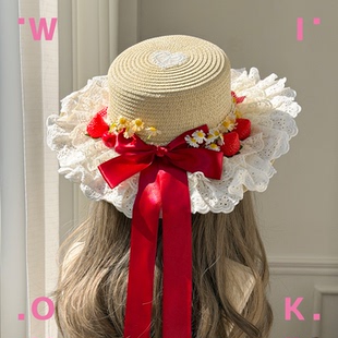 WIOK手作原创草莓雏菊爱心洛丽塔草帽蕾丝蝴蝶结Lolita少女小礼帽