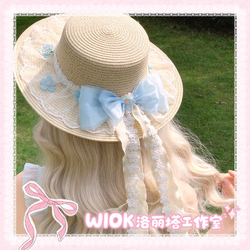 【wiok洛丽塔工作室】小雏菊花卉珠光蕾丝蝴蝶结Lolita帽子草帽