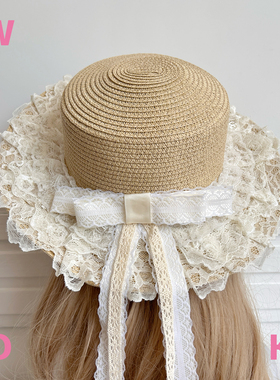 【WIOK】洛丽塔原创蕾丝蝴蝶结防晒帽子女夏季lo系田园风遮阳草帽