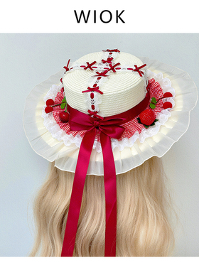 【WIOK】原创田园洛丽塔手作草莓樱桃蕾丝蝴蝶结草帽可爱少女lo系