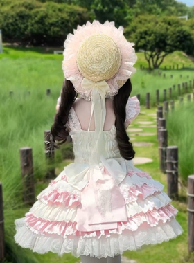 【WIOK】原创手作lolita夏季遮阳波浪花边蝴蝶结女系平顶飘带草帽