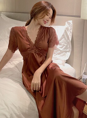 本命年睡衣女夏季冰丝性感蕾丝带胸垫高级感结婚红色短袖长款睡裙