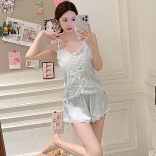 蕾丝睡衣女士甜美冰丝绸凉感家居服纯欲 吊带短裤 夏季 性感V领新款