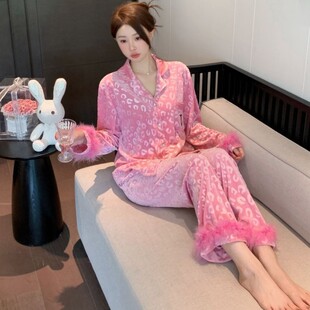 金丝绒睡衣女秋冬长袖大码性感豹纹套装网红高级感轻奢家居服春夏