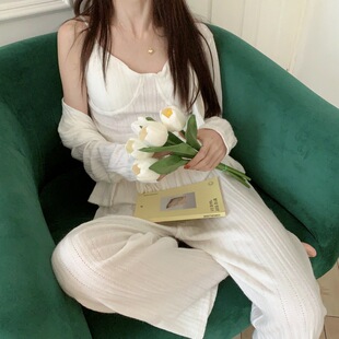 2023三件套家居服韩国秋季新款针织坑条带胸垫套装可外穿睡衣