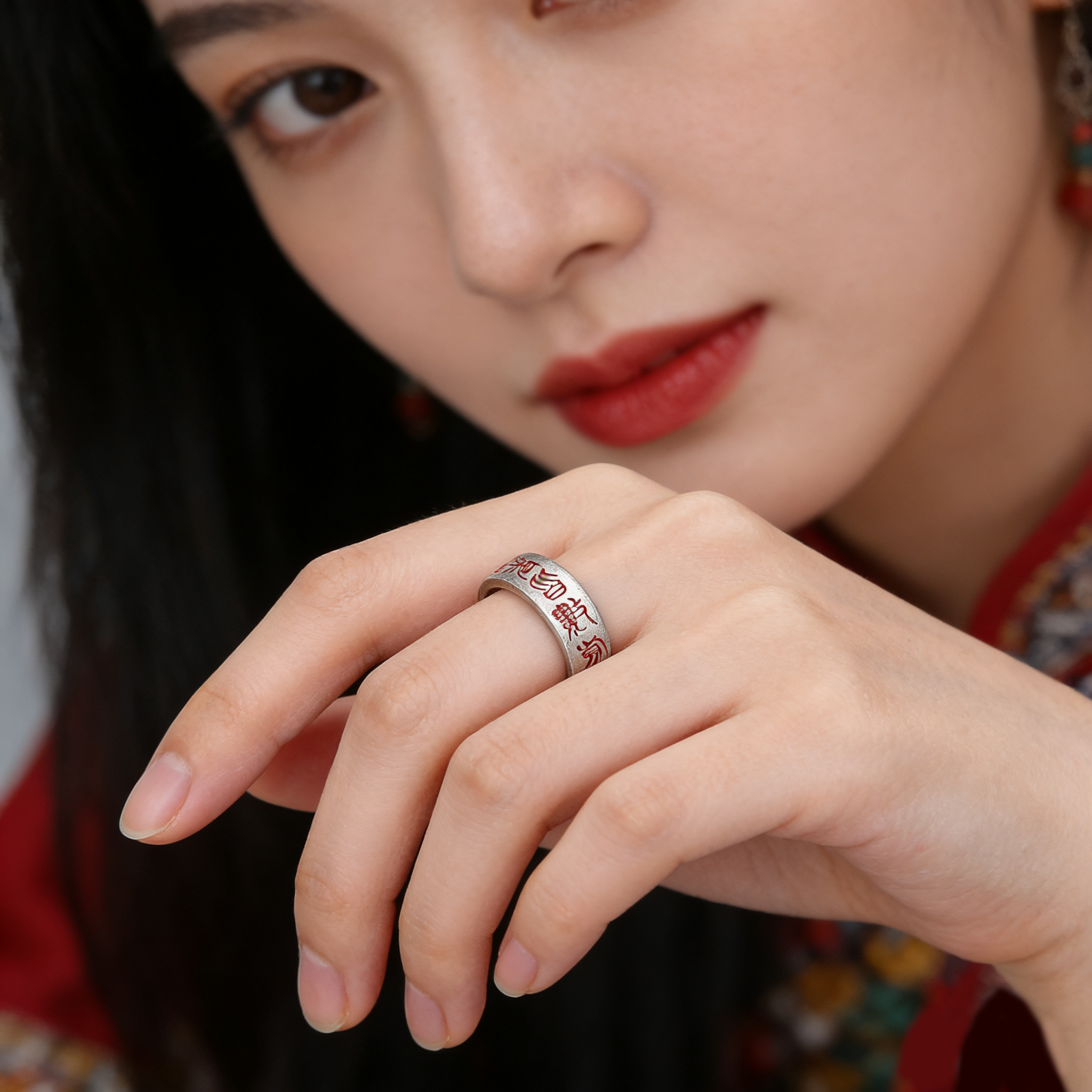 「道系」s925九字箴言朱砂戒指