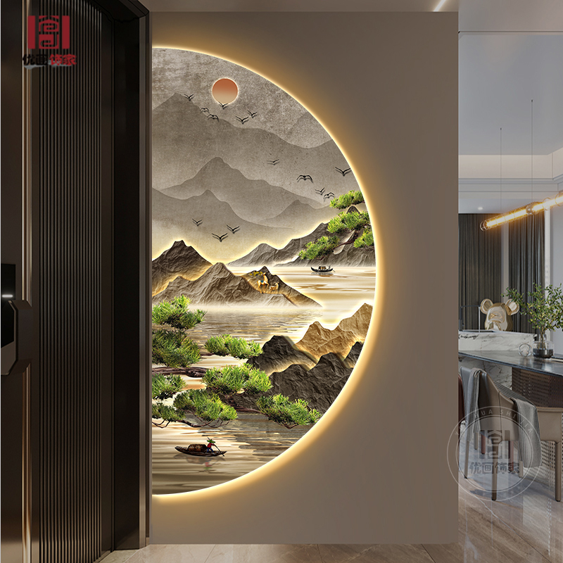 新中式迎客松玄关装饰画轻奢高档入户山水灯画半圆形走廊尽头挂画图片