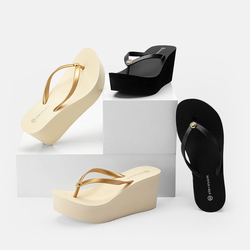 2023新款时尚超高跟夹脚人字拖女小码厚底坡跟黑色防滑沙滩凉拖鞋