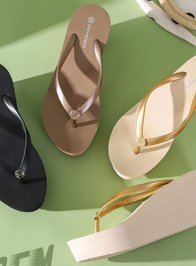 超高跟百搭外穿人字拖女厚底增高沙滩夹脚凉拖鞋简约黑色坡跟夏拖