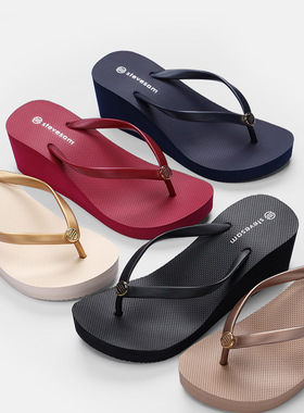 沙滩坡跟人字拖女夏新款室外休闲时尚厚底凉拖鞋纯色夹脚高跟女拖