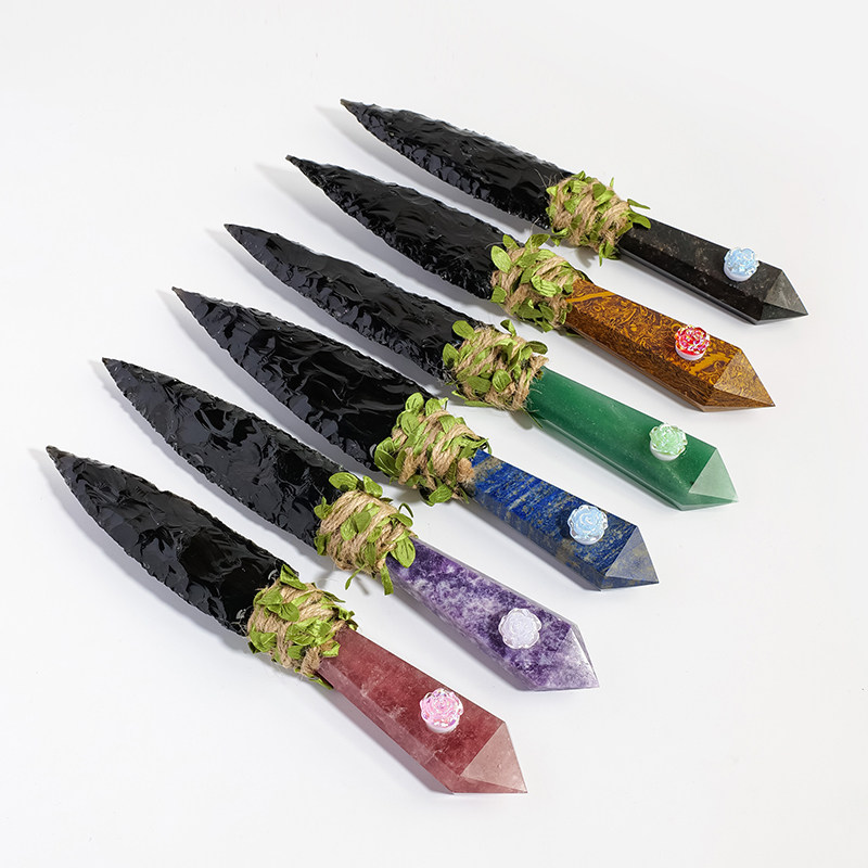 天然水晶黑曜石刀匕首青金石烟花石手工打磨制作龙晶个性家居摆件