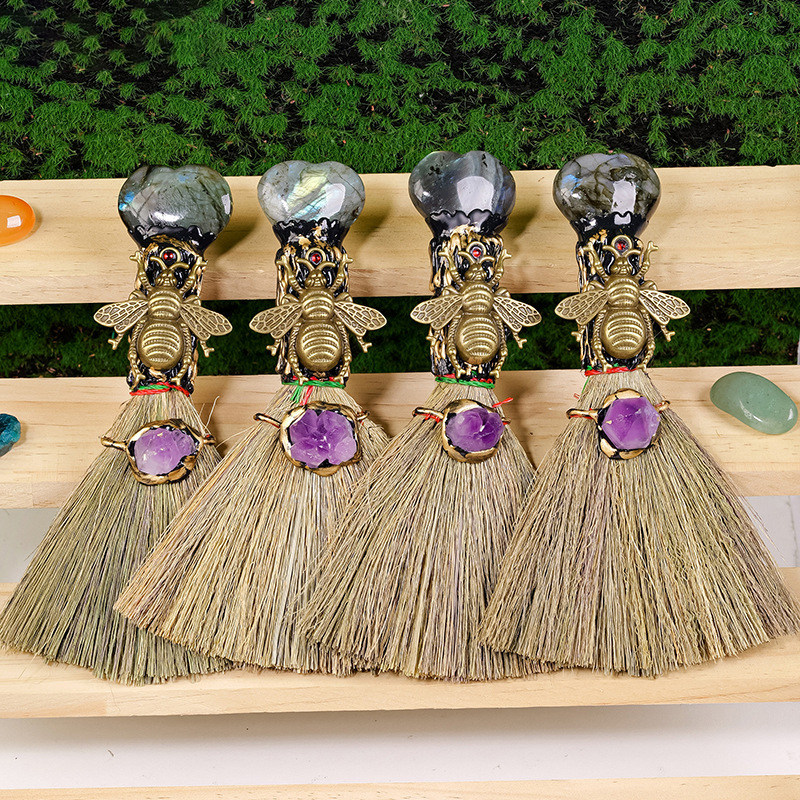 天然拉长石爱心扫把女巫魔法扫帚水晶柱Chakela手工家居装饰摆件