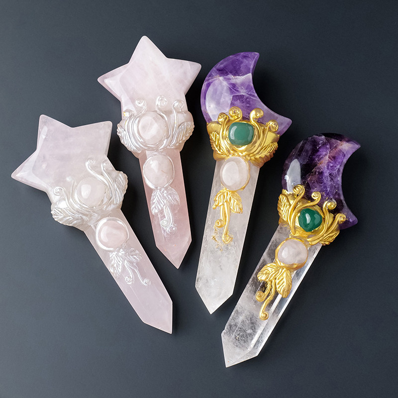 天然水晶权杖白水晶粉晶魔法棒魔法棍手工制作原创设计水晶权杖
