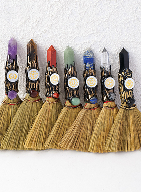 七色水晶女巫魔法扫帚天然水晶柱Chakela手工六角柱扫把家居摆件