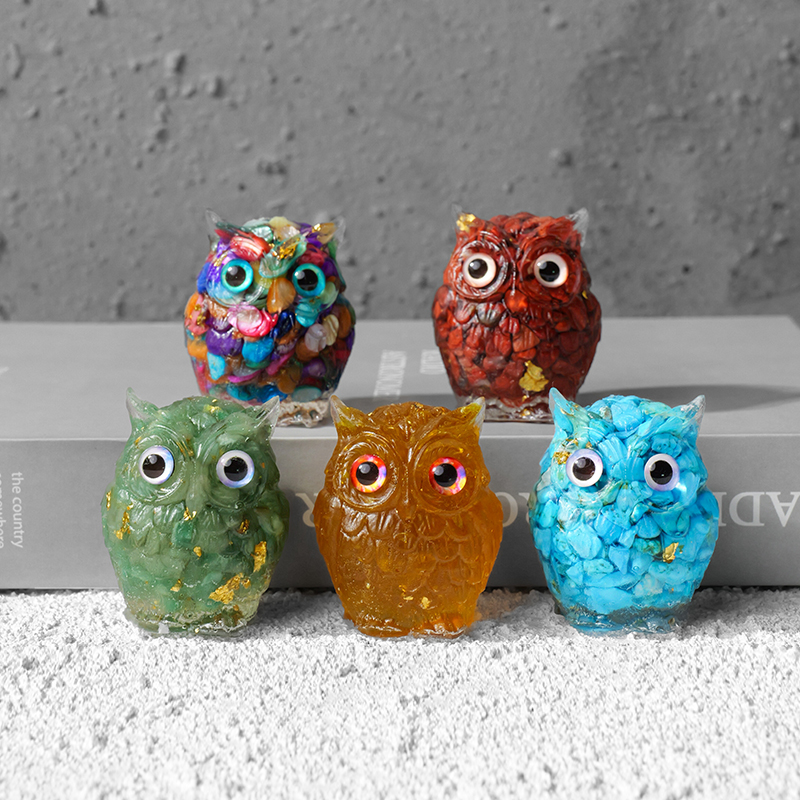 水晶玛瑙虎眼滴胶猫头鹰摆件