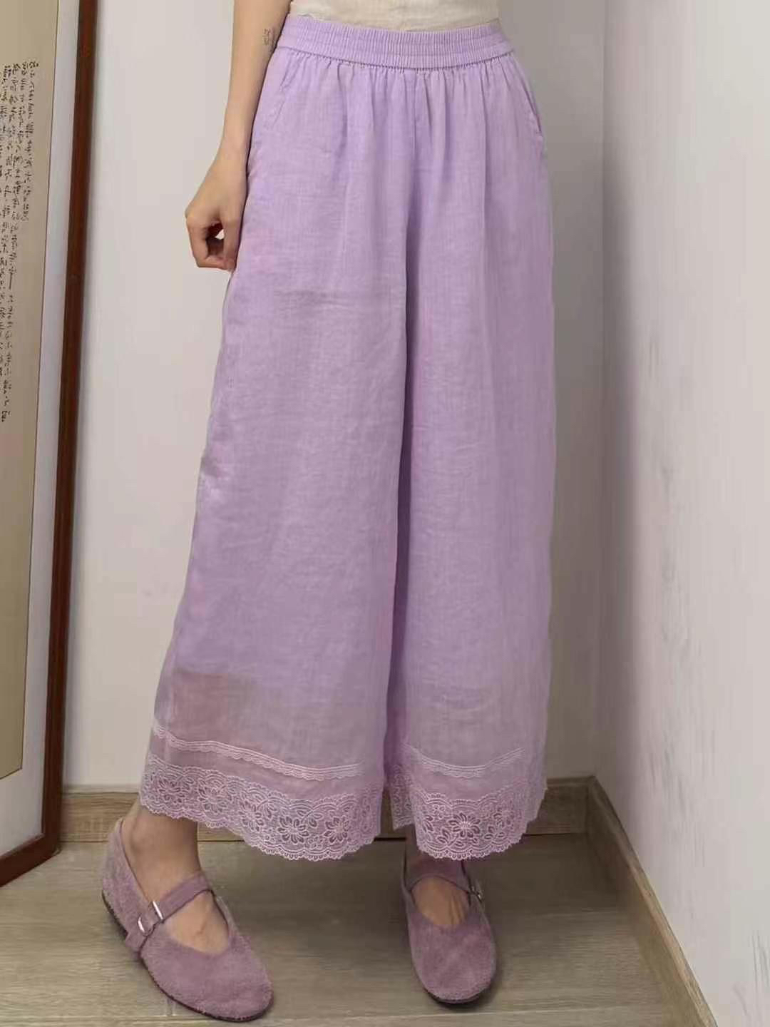 GY30275文艺复古苎麻下摆刺绣拼接高腰显瘦宽松飘逸九分阔腿裤女