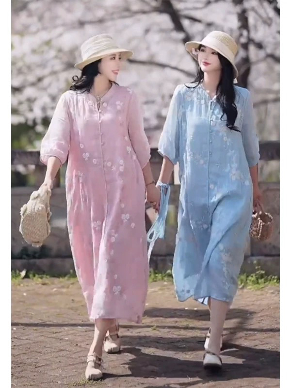 麻印女神Q1512#纯苎麻满绣加长新中式宽松版显气质显瘦长款连衣裙