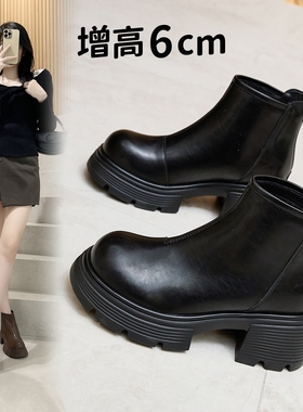 小码32 33 34真皮英伦马丁靴女粗跟厚底防水台后拉链低帮显瘦短靴