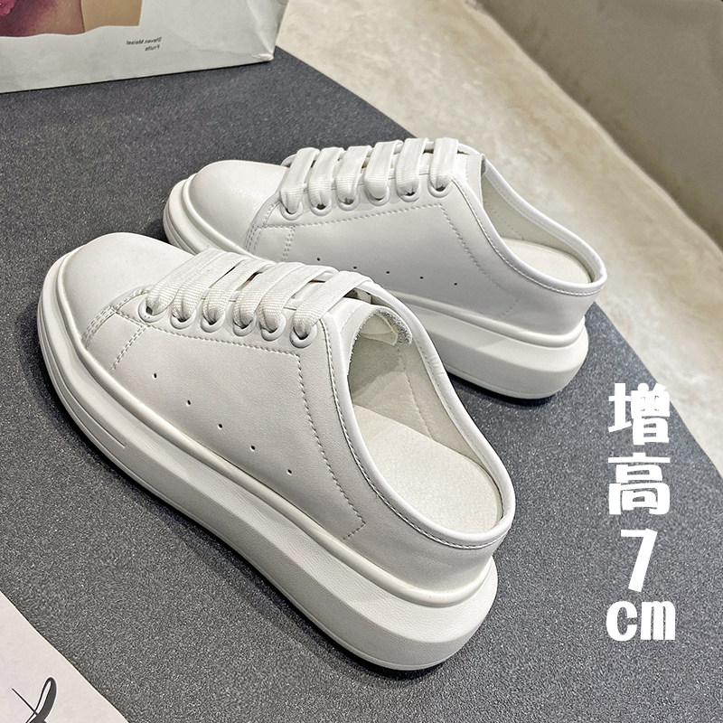 小码313233无后跟小白鞋厚底增高包头拖鞋女外穿真皮系带百搭半拖