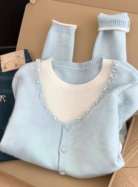 温柔软糯奶蓝色假两件针织衫女秋冬法式钉珠别致漂亮宽松套头毛衣