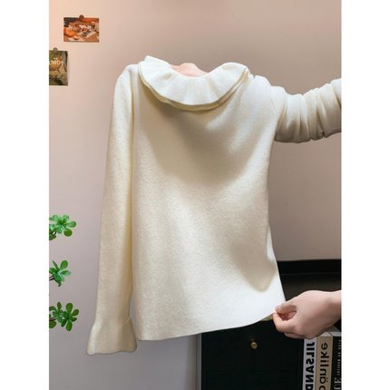 法式木耳花边圆领长袖针织衫女秋冬季甜美温柔风内搭修身打底上衣