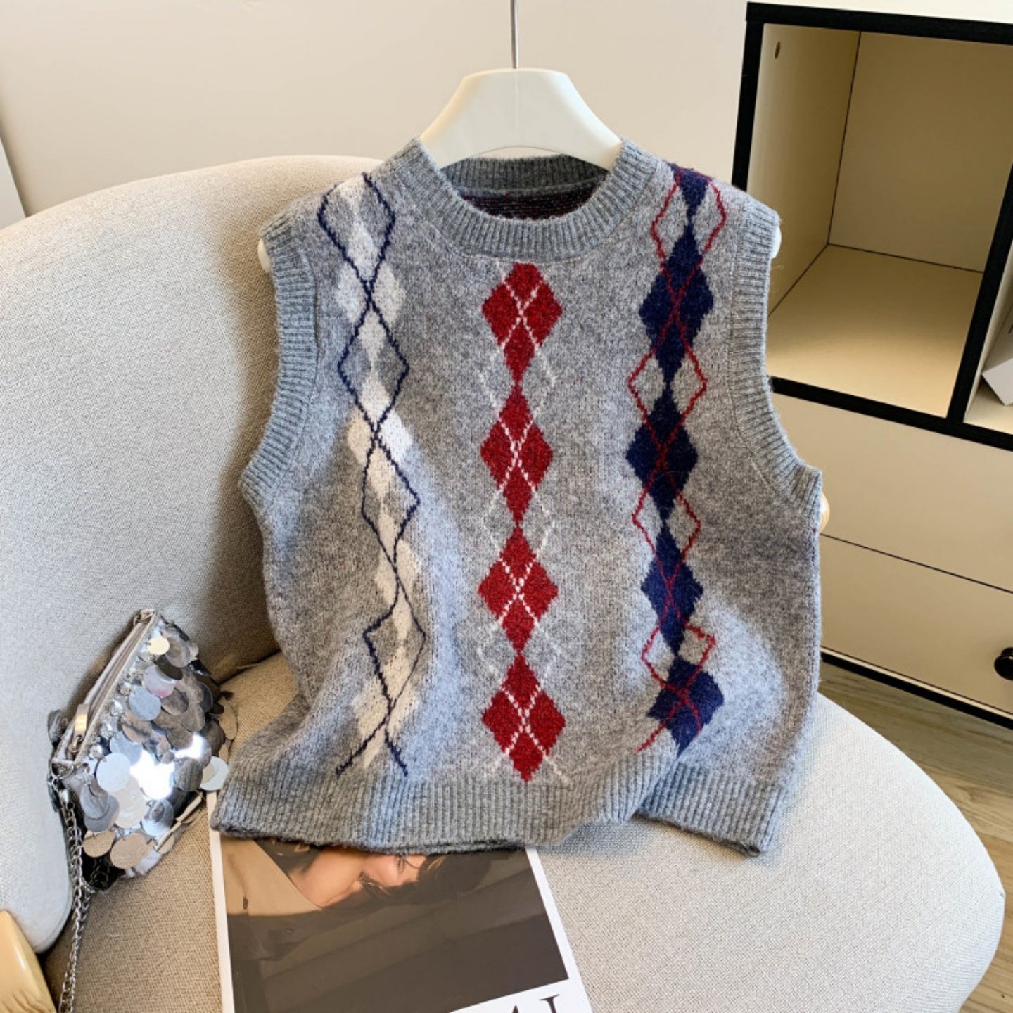 韩系学院风撞色菱形针织马甲女款早春穿搭学院风叠穿背心无袖上衣,女装/女士精品,马夹,淘宝优惠券,粉丝福利购,淘宝优惠卷