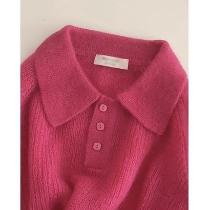 树莓粉色Polo领翻领套头长袖针织毛衣女春秋冬加厚浣熊绒外穿上衣
