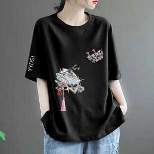 国风印花大码 新中式 遮肉妈妈上衣ins t恤女中长款 清仓捡漏短袖