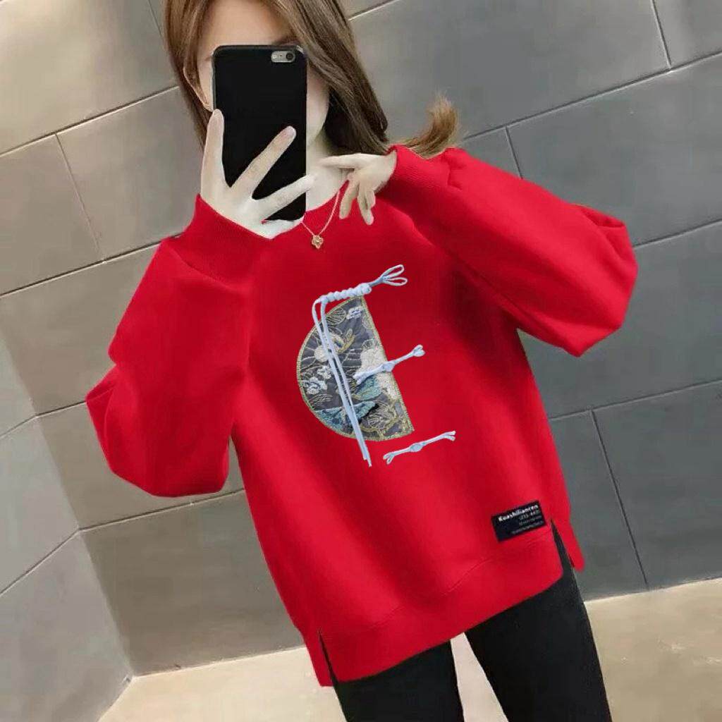 妈妈装中老年加绒加厚卫衣女宽松圆领套头长袖上衣服女士休闲外套