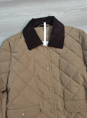 he家冬季新款复古菱格绗线鹅绒服女翻领撞色宽松百搭保暖长袖外套