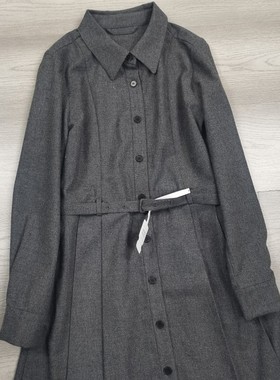 he秋冬季文艺复古羊毛褶褶连衣裙灰色gao级中长款通勤翻领纽扣裙